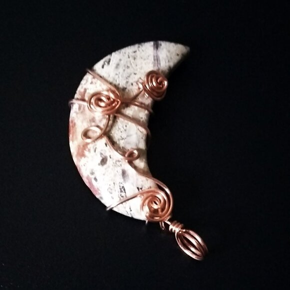 Speckled Crescent Jasper Stone Moon ~ Cream + Tan Colors! Copper Wire Wrapping - Picture 7 of 11